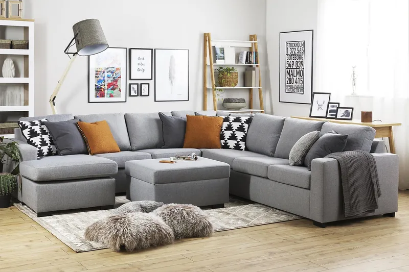 Crazy 6-seters Venstrevendt U-formet Large Hjørnesofa med Divan i Stoff - Grå - Møbler - Sofaer - Hjørnesofa - Hjørnesofa med divan