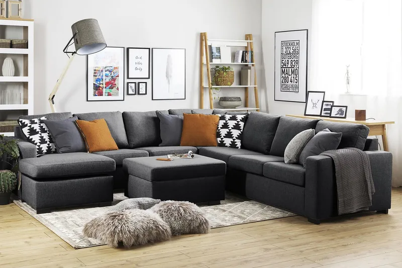 Crazy 6-seters Venstrevendt U-formet Large Hjørnesofa med Divan i Stoff - Mørk grå - Møbler - Sofaer - Hjørnesofa - Hjørnesofa med divan