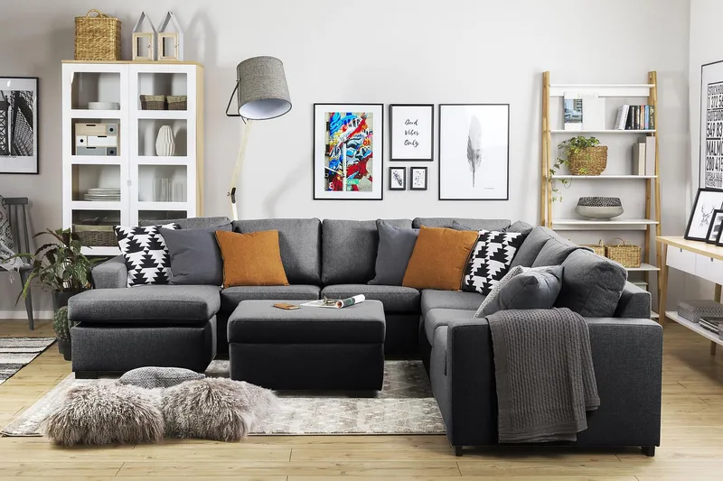 Crazy 6-seters Venstrevendt U-formet Large Hjørnesofa med Divan i Stoff - Mørk grå - Møbler - Sofaer - Hjørnesofa - Hjørnesofa med divan