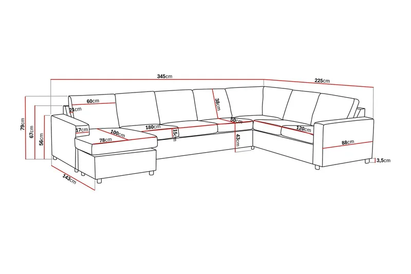 Crazy 6-seters Venstrevendt U-formet X-Large Hjørnesofa med Divan i Stoff - Antrasitt - Møbler - Sofaer - Hjørnesofa - Hjørnesofa med divan