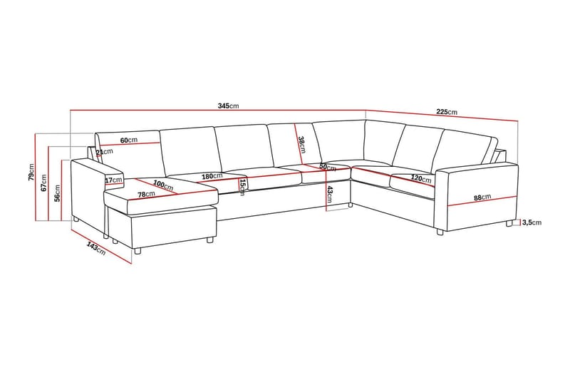 Crazy 6-seters Venstrevendt U-formet X-Large Hjørnesofa med Divan i Stoff - Antrasitt - Møbler - Sofaer - Hjørnesofa - Hjørnesofa med divan