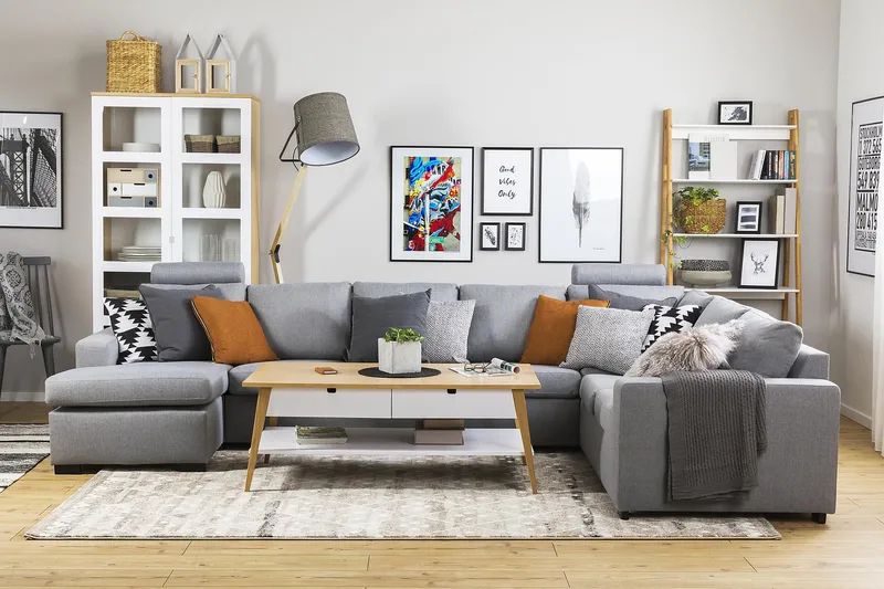 Crazy 6-seters Venstrevendt U-formet X-Large Hjørnesofa med Divan i Stoff - Grå - Møbler - Sofaer - Hjørnesofa - Hjørnesofa med divan