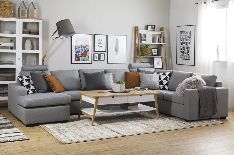 Crazy 6-seters Venstrevendt U-formet X-Large Hjørnesofa med Divan i Stoff - Grå - Møbler - Sofaer - Hjørnesofa - Hjørnesofa med divan