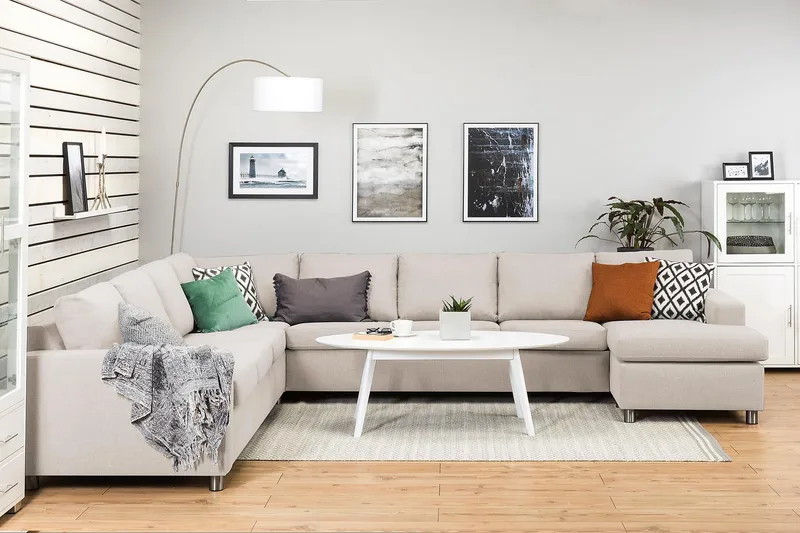 Crazy 7-seters høyrevendt U-formet ekstra ekstra stor hjørnesofa med sjeselong i stoff - Beige - Møbler - Sofaer - Hjørnesofa - Hjørnesofa med divan