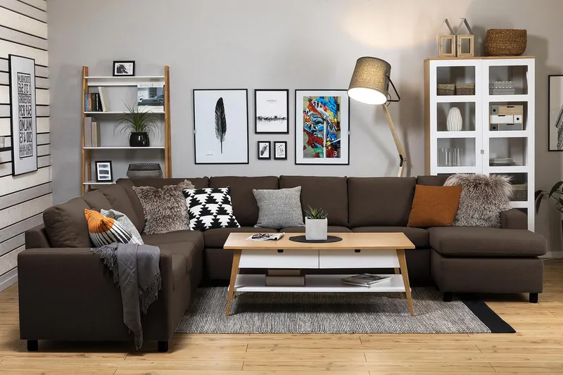 Crazy 7-seters høyrevendt U-formet ekstra ekstra stor hjørnesofa med sjeselong i stoff - Brun - Møbler - Sofaer - Hjørnesofa - Hjørnesofa med divan
