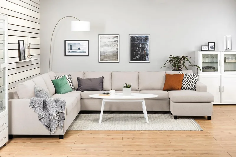 Crazy 7-seters Høyrevendt U-formet XX-Large Hjørnesofa med Divan i Stoff - Beige - Møbler - Sofaer - Hjørnesofa - Hjørnesofa med divan