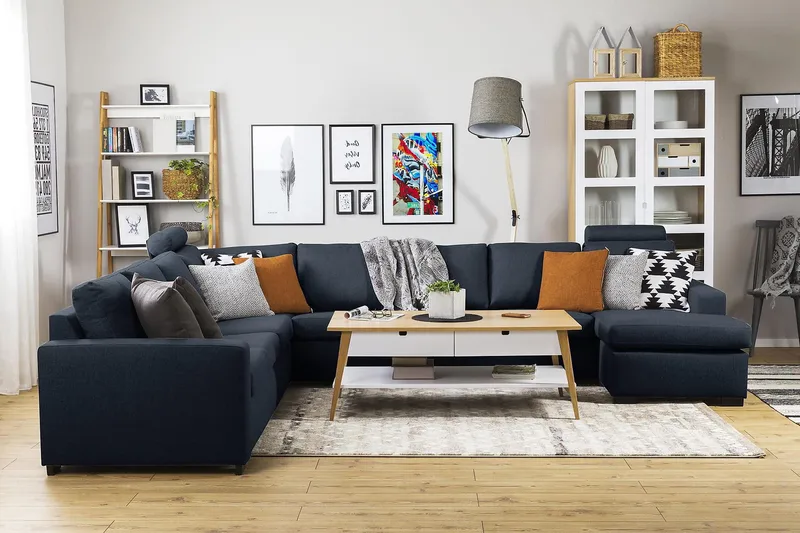 Crazy 7-seters Høyrevendt U-formet XX-Large Hjørnesofa med Divan i Stoff - Blå - Møbler - Sofaer - Hjørnesofa - Hjørnesofa med divan