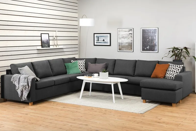 Crazy 7-seters Høyrevendt U-formet XX-Large Hjørnesofa med Divan i Stoff - Mørk grå - Møbler - Sofaer - Hjørnesofa - Hjørnesofa med divan