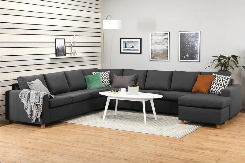 Crazy 7-seters Høyrevendt U-formet XX-Large Hjørnesofa med Divan i Stoff - Mørk grå - Møbler - Sofaer - Hjørnesofa - Hjørnesofa med divan
