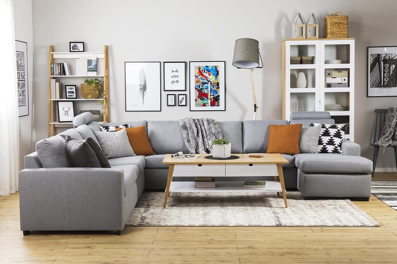 Crazy 7-seters Vendbar U-formet XX-Large Hjørnesofa med Divan i Stoff - Grå - Møbler - Sofaer - Hjørnesofa - Hjørnesofa med divan
