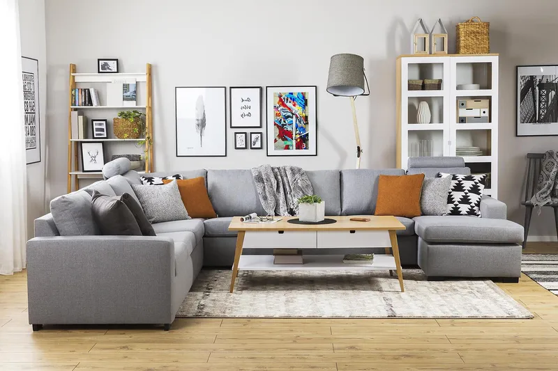 Crazy 7-seters Vendbar U-formet XX-Large Hjørnesofa med Divan i Stoff - Grå - Møbler - Sofaer - Hjørnesofa - Hjørnesofa med divan