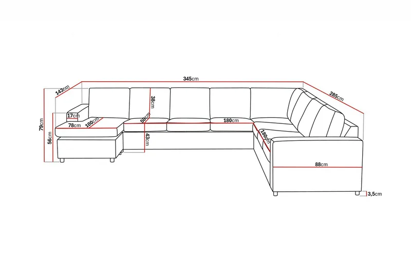 Crazy 7-seters Vendbar U-formet XX-Large Hjørnesofa med Divan i Stoff - Mørk grå / Antrasitt - Møbler - Sofaer - Hjørnesofa - Hjørnesofa med divan