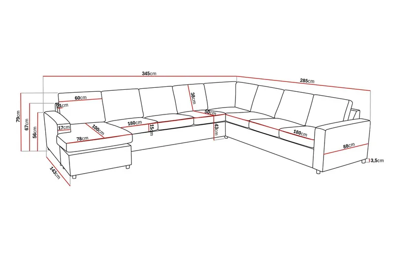 Crazy 7-seters Vendbar U-formet XX-Large Hjørnesofa med Divan i Stoff - Mørk grå / Antrasitt - Møbler - Sofaer - Hjørnesofa - Hjørnesofa med divan