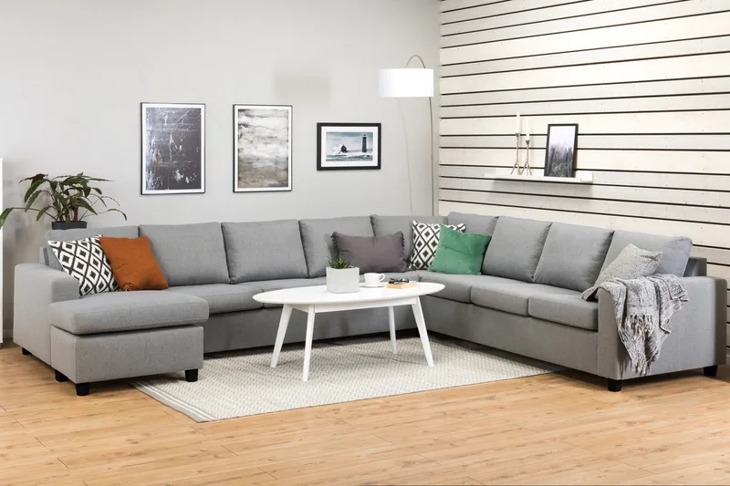 Crazy 7-seters Venstrevendt U-formet XX-Large Hjørnesofa med Divan i Stoff - Grå - Møbler - Sofaer - Hjørnesofa - Hjørnesofa med divan