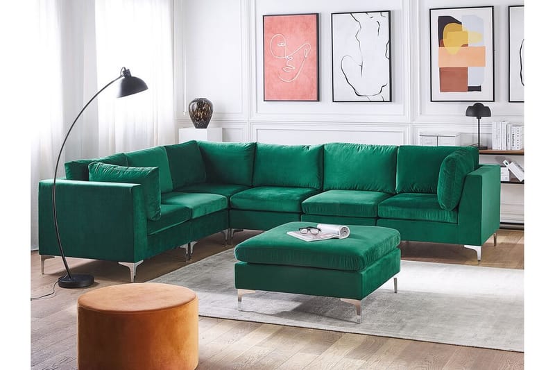 Evja 6-seters Hjørnesofa Høyre med Fotskammel - Fløyel/Grønn - Møbler - Sofaer - Hjørnesofa