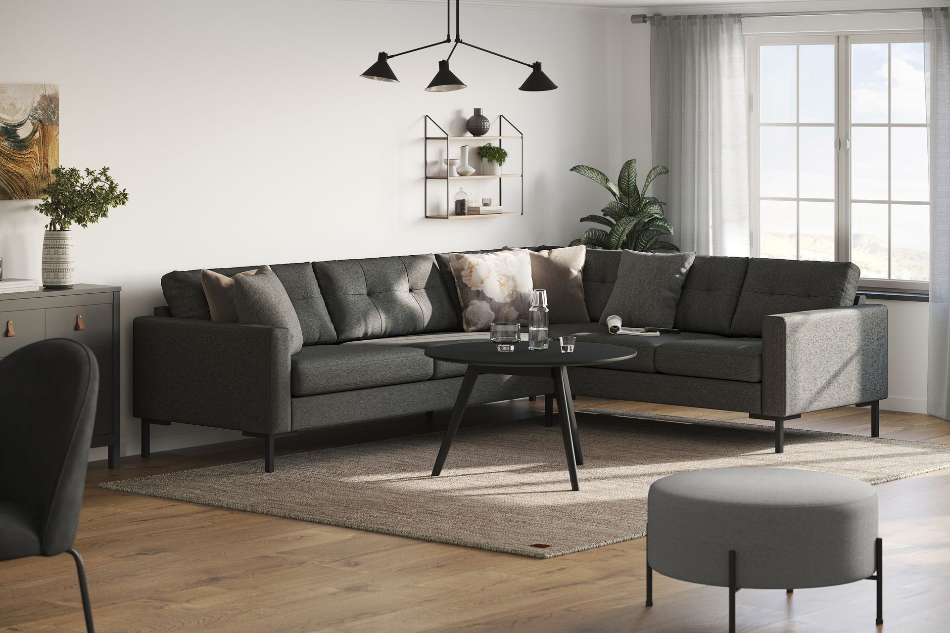 Frillestad 5-seters Høyrevendt L-formet Hjørnesofa i Stoff - Mørk grå - Møbler - Sofaer - Hjørnesofa