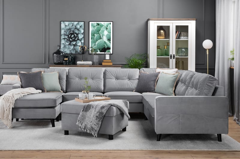 Monroe 5-seters Vendbar U-formet Hjørnesofa med Divan i Fløyel - Lys grå - Møbler - Sofaer - Hjørnesofa - Hjørnesofa med divan