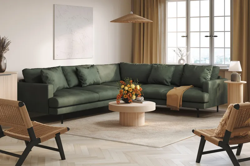 Menard 6-seters Høyrevendt L-formet Hjørnesofa i Manchester - Grønn - Møbler - Sofaer - Hjørnesofa