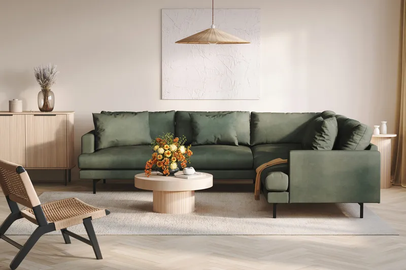 Menard 6-seters Høyrevendt L-formet Hjørnesofa i Manchester - Grønn - Møbler - Sofaer - Hjørnesofa