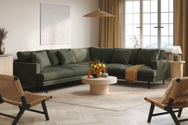 Menard 6-seters Høyrevendt L-formet Hjørnesofa i Manchester - Mørk grønn - Møbler - Sofaer - Hjørnesofa