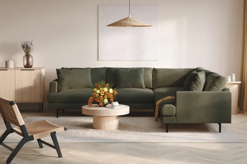 Menard 6-seters Høyrevendt L-formet Hjørnesofa i Manchester - Mørk grønn - Møbler - Sofaer - Hjørnesofa