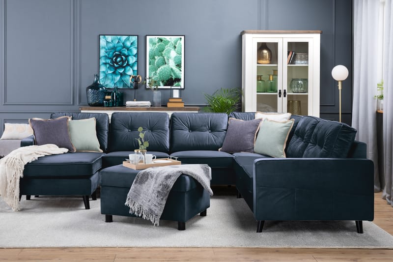 Monroe 5-seters Vendbar U-formet Hjørnesofa med Divan i Fløyel - Blå - Møbler - Sofaer - Hjørnesofa - Hjørnesofa med divan