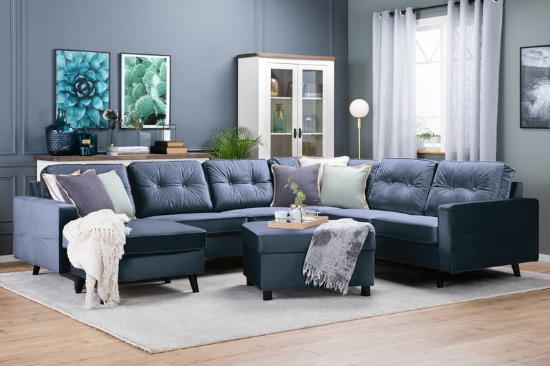 Monroe 5-seters Vendbar U-formet Hjørnesofa med Divan i Fløyel - Blå - Møbler - Sofaer - Hjørnesofa - Hjørnesofa med divan