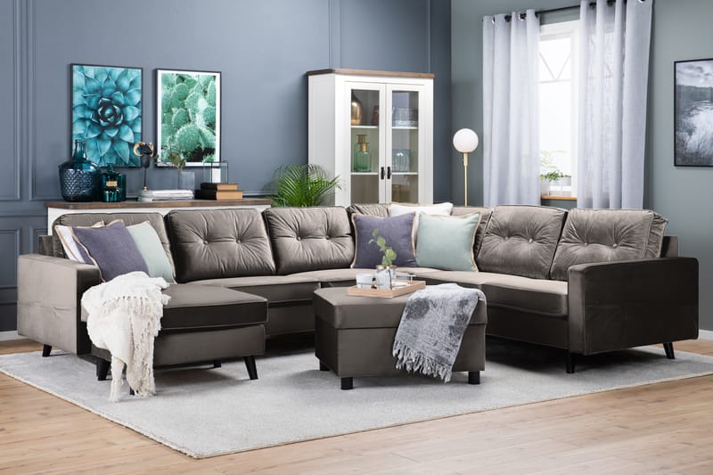 Monroe 5-seters Vendbar U-formet Hjørnesofa med Divan i Fløyel - Brun - Møbler - Sofaer - Hjørnesofa - Hjørnesofa med divan