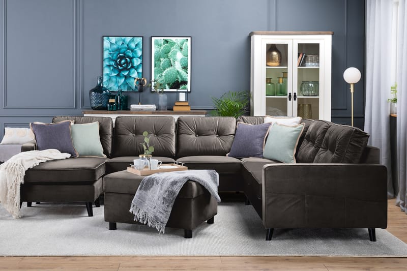 Monroe 5-seters Vendbar U-formet Hjørnesofa med Divan i Fløyel - Brun - Møbler - Sofaer - Hjørnesofa - Hjørnesofa med divan