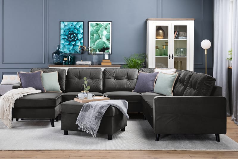 Monroe 5-seters Vendbar U-formet Hjørnesofa med Divan i Fløyel - Mørk grå - Møbler - Sofaer - Hjørnesofa - Hjørnesofa med divan