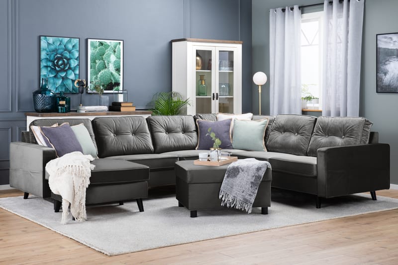 Monroe 5-seters Vendbar U-formet Hjørnesofa med Divan i Fløyel - Mørk grå - Møbler - Sofaer - Hjørnesofa - Hjørnesofa med divan