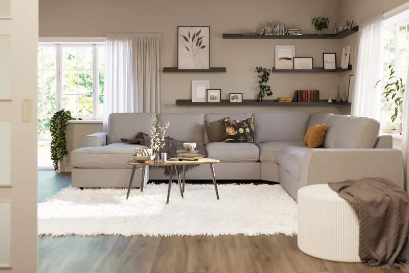 Optus Lyx 5-seters Høyrevendt U-formet Hjørnesofa med Divan i Stoff - Grå - Møbler - Sofaer - Hjørnesofa - Hjørnesofa med divan