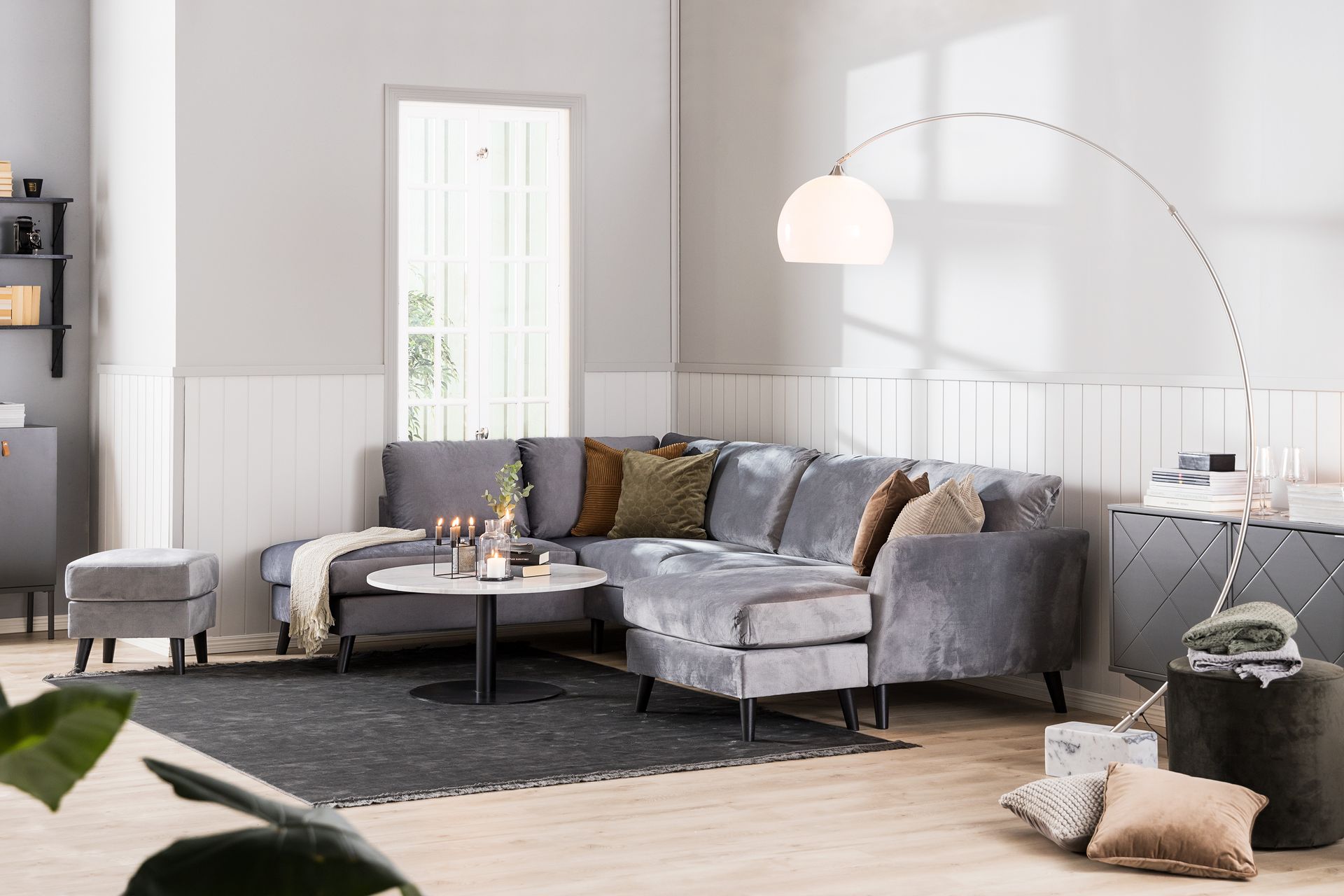 Trend 5-seters Høyrevendt L-formet Hjørnesofa med Divan i Fløyel - Lys grå - Møbler - Sofaer - Hjørnesofa - Hjørnesofa med divan