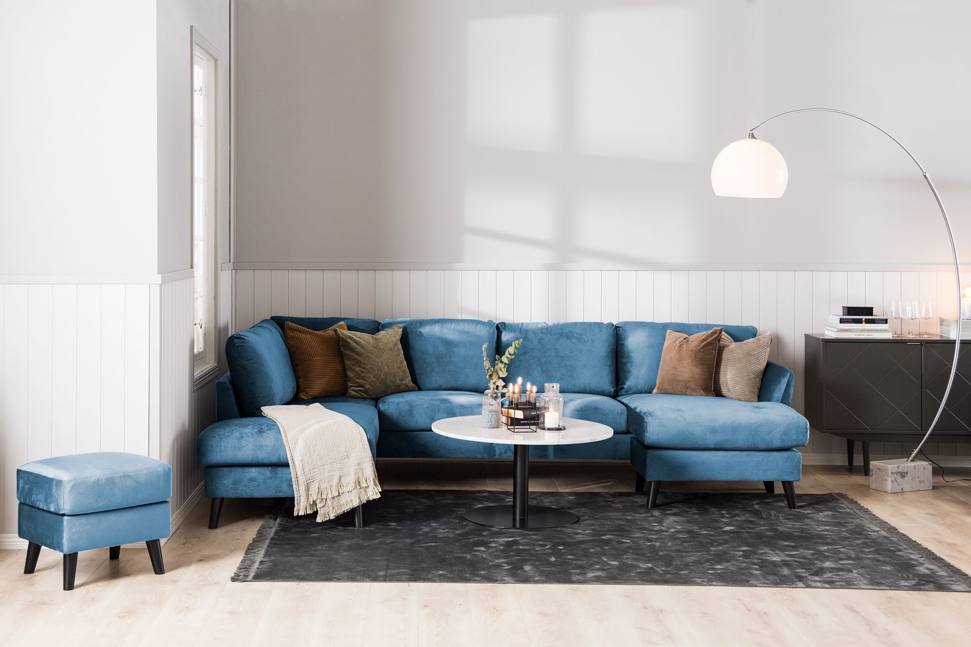 Trend 5-seters Venstrevendt U-formet Hjørnesofa med Divan i Fløyel - Blå - Møbler - Sofaer - Hjørnesofa - Hjørnesofa med divan