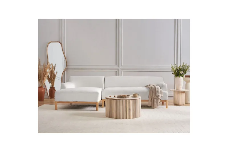 Hörnsoffa Beliani Sosjo Beige, ljust trä, Högervänd White||Light colored wood Left-faced - Møbler - Sofaer - Sofa med sjeselong