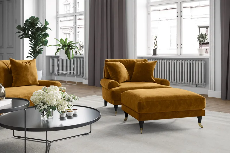 Andrew Sofagruppe 3-seter + 2-seter Sofa + Lenestol + Fotskammel i Fløyel - Mørk gul - Møbler - Sofaer - 2 seter sofa