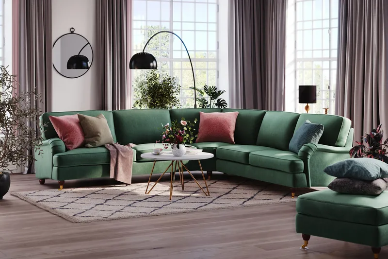 Howard Lyx 6-seters Høyrevendt L-formet Hjørnesofa i Fløyel - Mørk grønn - Møbler - Sofaer - Howard sofa