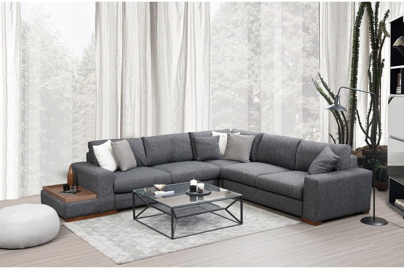 Huelva 5-seter Venstrevendt L-formet Hjørnesofa 323 cm med Sidebord i Stoff - Grå - Møbler - Sofaer - Hjørnesofa