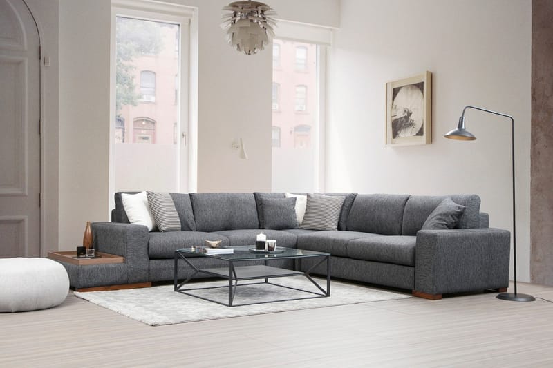 Huelva 5-seter Venstrevendt L-formet Hjørnesofa 323 cm med Sidebord i Stoff - Grå - Møbler - Sofaer - Hjørnesofa