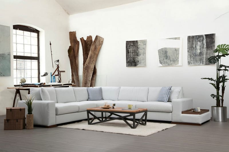 Huelva Høyrevendt L-formet Hjørnesofa 363 cm i Stoff med Sidebord - Lyseblågrå - Møbler - Sofaer - Hjørnesofa