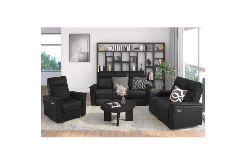 Sofa 3-seter Southbrook Svart, Ekte skinn/PU/Tre/Metall, Elektrisk recliner - Svart, Ekte skinn/PU/Tre/Metall, Elektrisk recliner - Møbler - Sofaer - Reclinersofaer - 3 seters kinosofa & reclinersofa