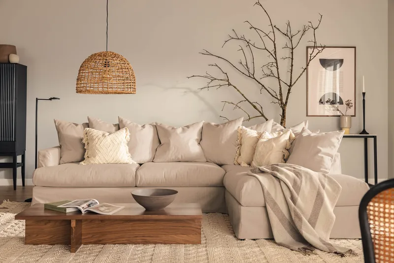 Menard Sofagruppe 4-seters Høyrevendt L-formet Sjeselongsofa + Lenestol i Stoff - Beige - Møbler - Sofaer - Sofagrupper