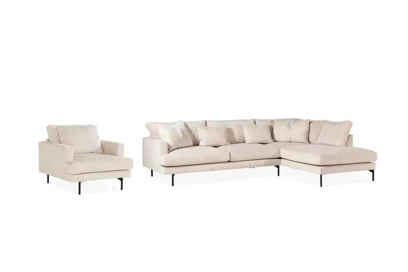 Menard Sofagruppe 4-seters Høyrevendt L-formet Sjeselongsofa + Stor Lenestol i Manchester, Beige