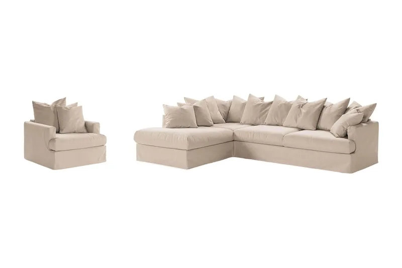 Menard Sofagruppe 4-seters Venstrevendt L-formet Sjeselongsofa + Lenestol i Stoff, Beige