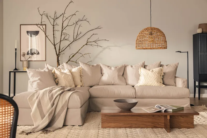 Menard Sofagruppe 4-seters Venstrevendt L-formet Sjeselongsofa + Lenestol i Stoff - Beige - Møbler - Sofaer - Sofagrupper