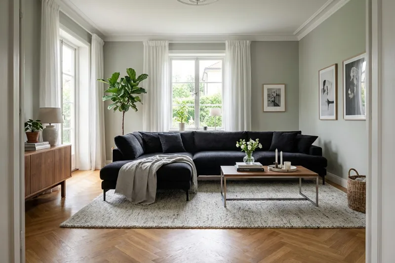 Menard Premium 5-seters venstrevendt L-formet dyp sjeselongsofa i chenille - Svart - Møbler - Sofaer - Sofa med sjeselong