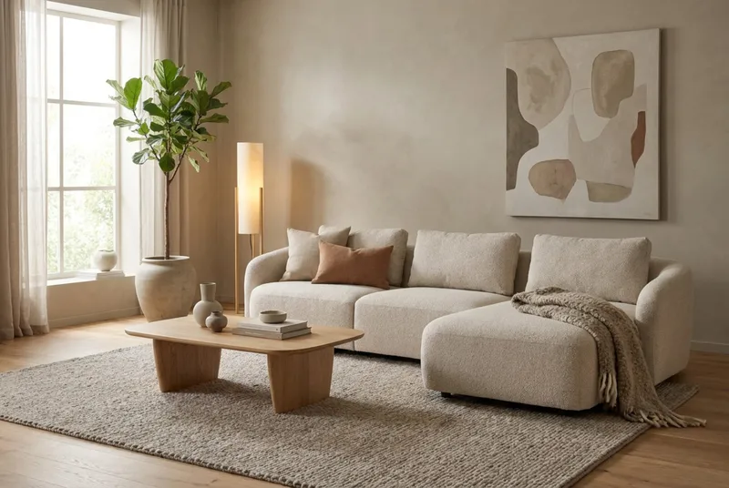 Milano avrundet 5-seters høyrevendt L-sofa med lav rygg i beige bouclé - Beige - Møbler - Sofaer - Sofa med sjeselong