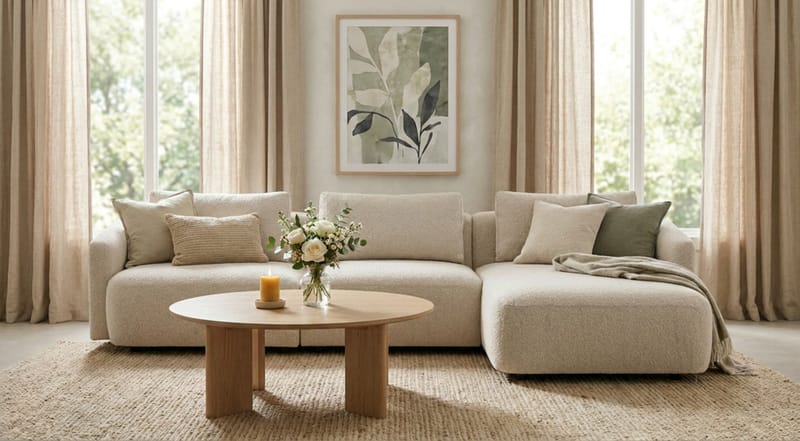Milano avrundet 5-seters høyrevendt L-sofa med lav rygg i beige bouclé - Beige - Møbler - Sofaer - Sofa med sjeselong