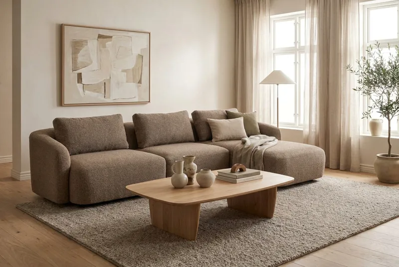 Milano avrundet 5-seters høyrevendt L-sofa med lav rygg i brun bouclé - Møbler - Sofaer - Sofa med sjeselong