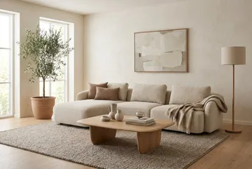 Milano avrundet 5-seters venstrevendt L-sofa med lav rygg i beige bouclé - Beige - Møbler - Sofaer - Sofa med sjeselong